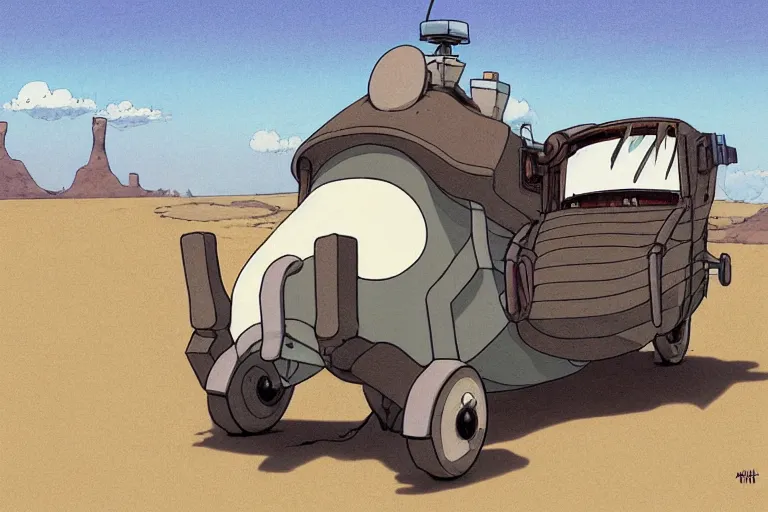 Image similar to a study of a cell shaded cartoon of a grey mechanized ram from howl's moving castle ( 2 0 0 4 ), on a desert road, full body, wide shot, very muted colors, post grunge, studio ghibli, highly detailed, deviantart, art by artgem