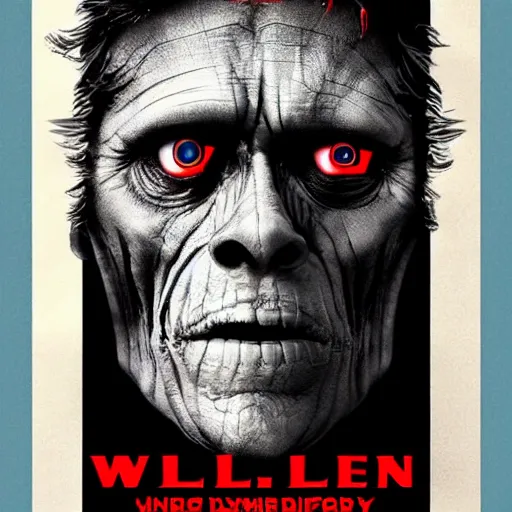 Prompt: willem dafoe as an scary monster movie poster