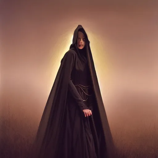 Image similar to a portrait of a young woman wearing a long dark cloak, hood and shadows covering face, holding golden chains, oil painting, matte painting, black background, Volumetric Golden dappled dynamic lighting, Highly Detailed, Cinematic Lighting, Unreal Engine, 8k, HD, by Beksinski