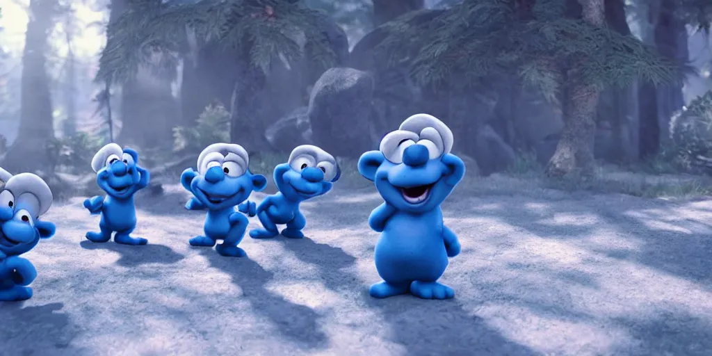 Image similar to smurfs in the unreal engine, 8k, high detail, volumetric lighting, lensflare