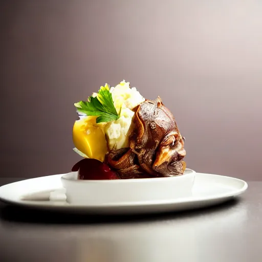 Image similar to a cooked human head wih garnish served at a fancy restaraunt on a fancy plate, gorgeous depth of field professional food photography