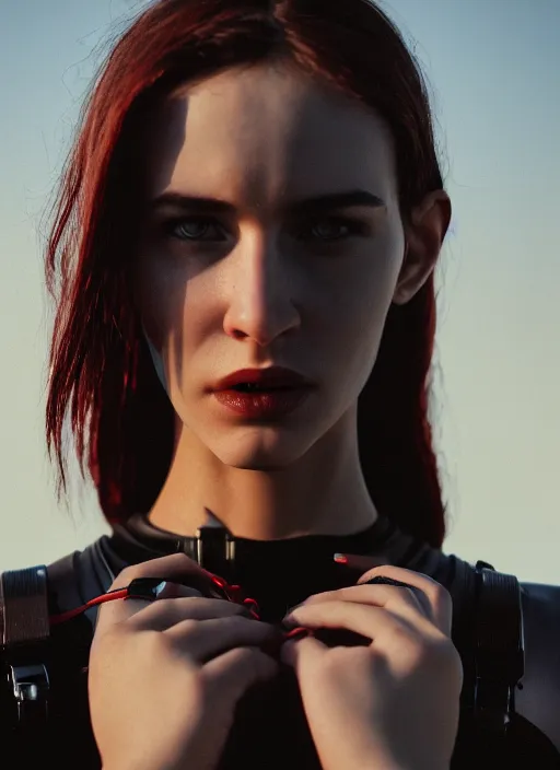 Image similar to cinestill 5 0 d photographic portrait of two sultry loving female androids wearing rugged black techwear on a desolate plain with a red sky, extreme closeup, cyberpunk style, garters, dust storm, 8 k, hd, high resolution, 3 5 mm, f / 3 2, ultra realistic faces, ex machina