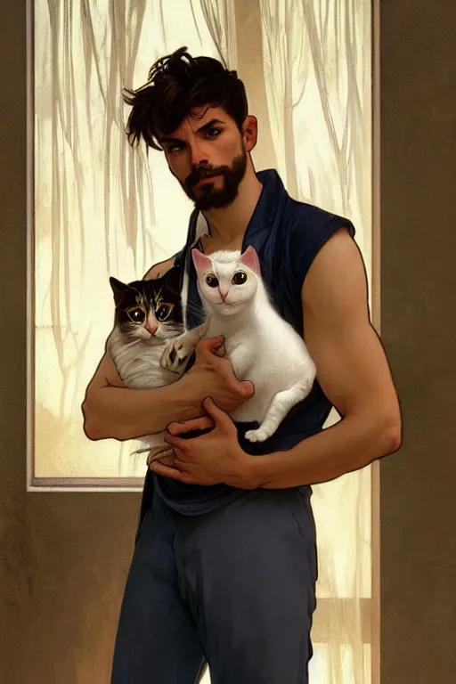 Prompt: full body portrait of a single beautiful young fit man, modern haircut, open shirt, large pants, holding a detailed photorealistic cat in his arms. by greg rutkowski and alphonse mucha, d & d character, in front of a modern room background, highly detailed portrait, digital painting, artstation, concept art, smooth, sharp focus ilustration, artstation hq