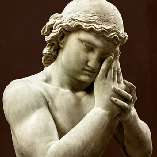 Prompt: photo of a richly detailed sitting marble statue of a facepalming at his slow laptop on his lap by leonardo davinci