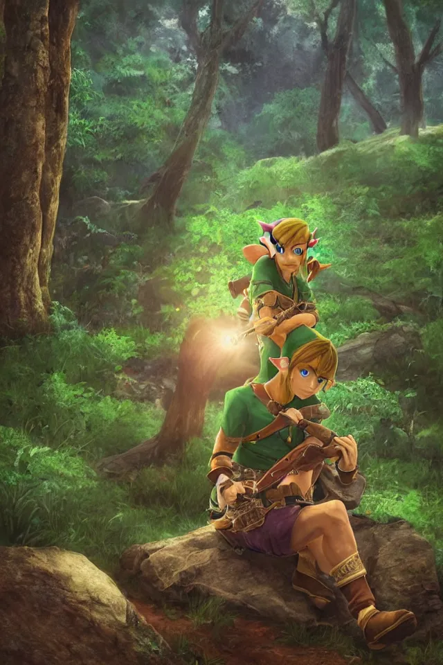 Image similar to a photorealistic portrait of link sitting in woods of hyrule playing ocarina, with a ultra detailed texture and a dreamy atmosphere, hdr, cinematic scene, beautiful light