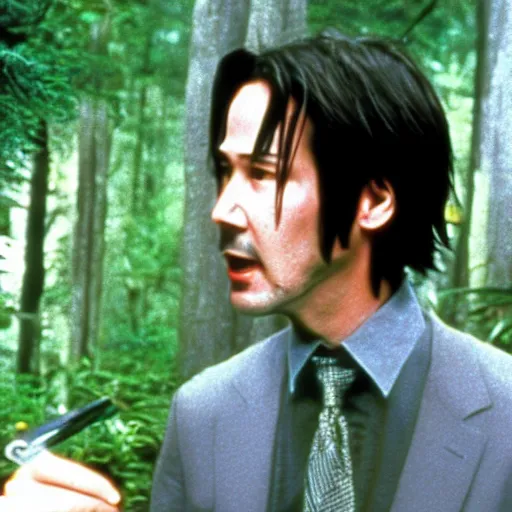Prompt: a still of keanu reeves in my neighbor totoro ( 1 9 8 8 )