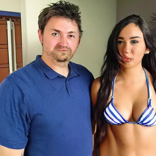 Prompt: photo of a 4 0 year old man that looks young for his age dating a very attractive 2 2 year old woman wearing a bikini. they in a college dorm.