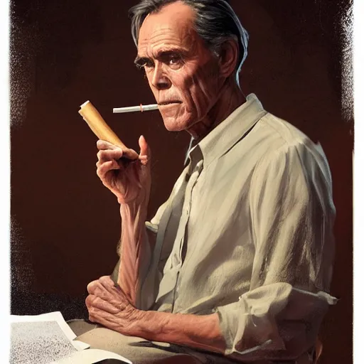 Image similar to a highly detailed epic cinematic concept art CG render digital painting artwork costume design: Henry Fonda as a 1950s tired disillusioned poet, barefoot, smoking one cigarette. volumetric lighting. By Greg Rutkowski, in the style of Francis Bacon and Syd Mead and Norman Rockwell and Beksinski, great attention to proper perfect anatomy, highly detailed, painted by Francis Bacon and Edward Hopper, painted by James Gilleard, surrealism, airbrush, Ilya Kuvshinov, WLOP, Stanley Artgerm, very coherent, triadic color scheme, realistic facial expression, art by Takato Yamamoto and James Jean