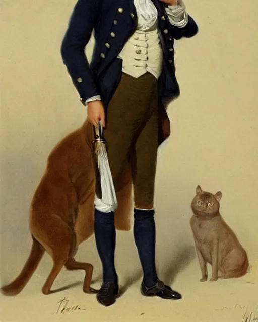 Prompt: cute brown burmese cat with serious expression wearing regency era menswear in navy and white, thomas lawrence, greg rutkowski