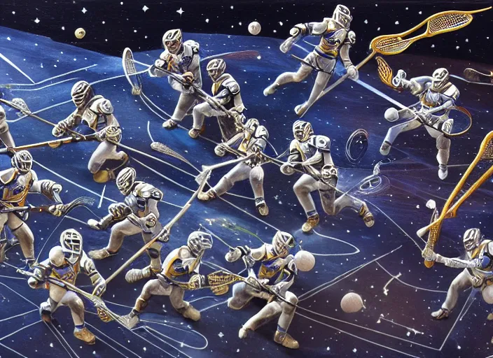 Prompt: lacrosse team playing chitauri, intergalactic championship, in space, highly detailed, 8k, intricate, engraving