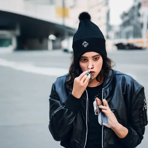 Image similar to Photograph of a mixed woman smoking a cigarette wearing a black beanie and black bomber jacket, urban environment, depth of field, 4k, 8k, hd, award-winning, 82 mm sigma, close up