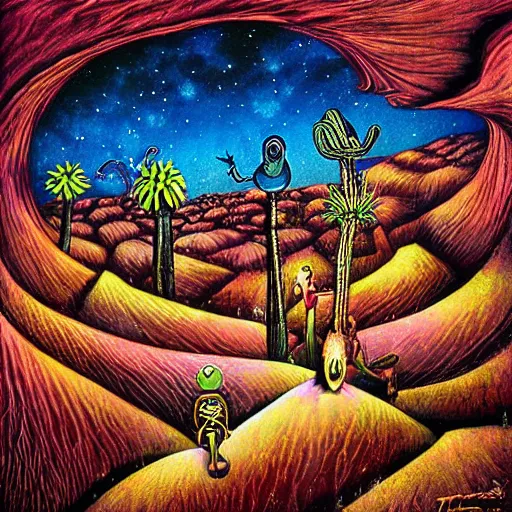 Image similar to oasis in the dessert, night, animals, psychedelic, realistic by tim burton.