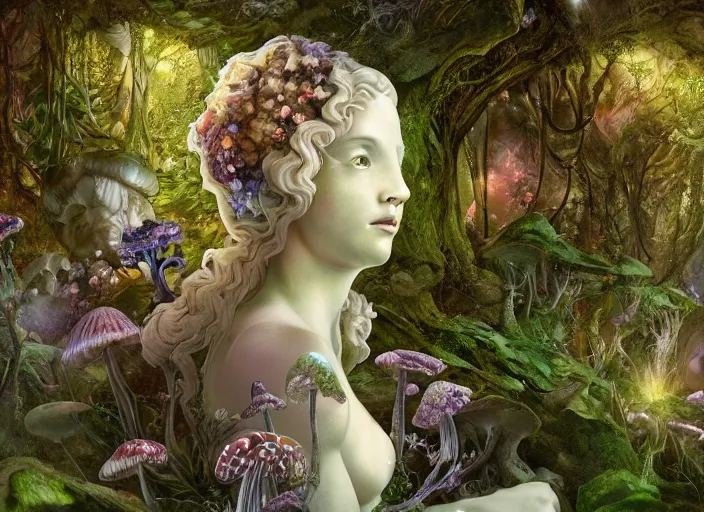 Image similar to glowing delicate flower and mushrooms that grow in a dark fatansy forest on the planet Pandora, an idealistic marble statue with fractal flowery hair in a fractal garden,