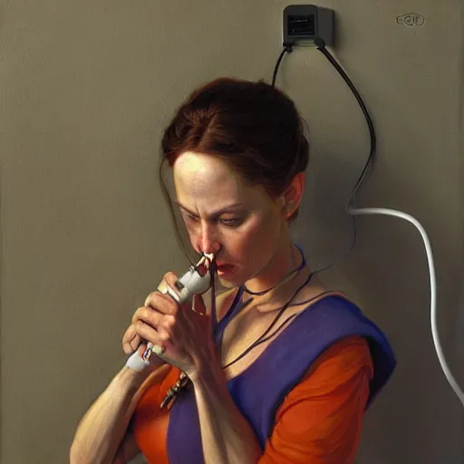 Image similar to woman with a power cord plugged into her mouth, by donato giancola.