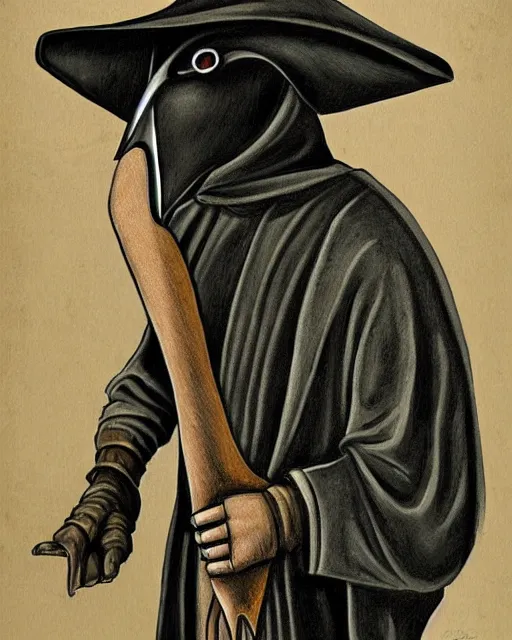 Image similar to portrait a plague doctor holding his mask, mask in hand, black robes, detailed art by greg rukowtski