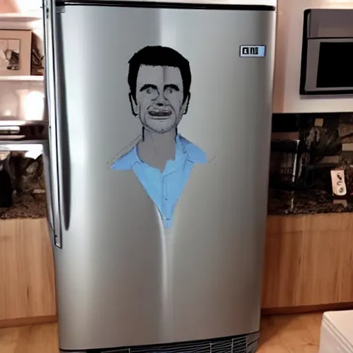 Prompt: a refrigerator with a 3D human face on it