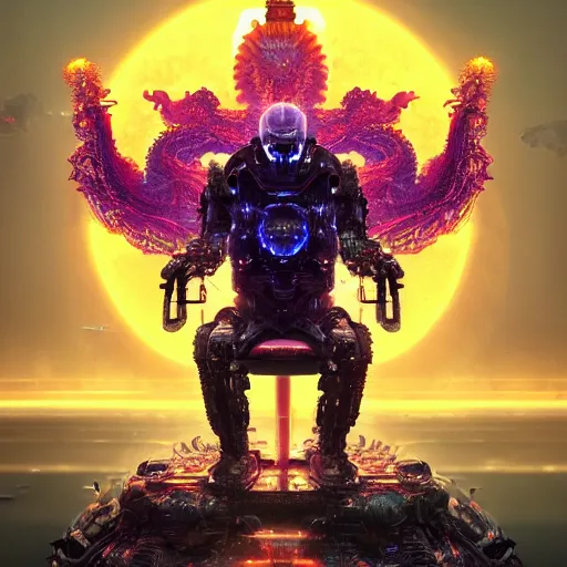 Prompt: irradiated world with robot sitting on intricate throne, high tech, cyberpunk, dystopian, jellyfish phoenix dragon, butterfly squid, burning halo, intricate artwork by Tooth Wu and wlop and beeple, greg rutkowski, very coherent symmetrical artwork, cinematic, hyper realism, high detail, octane render, unreal engine, 8k, Vibrant colors, Smooth gradients, High contrast, depth of field, aperture f1.2