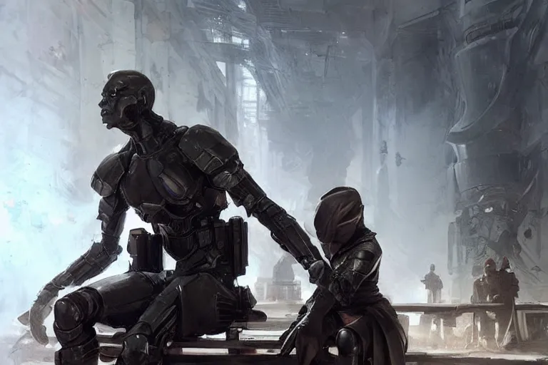 Prompt: an intense battle rages behind an android soldier sitting on a bench, laser blasts, dramatic, he is sad, hunched shoulders, detailed concept art by caravaggio and greg rutkowski and ruan jia and artgerm