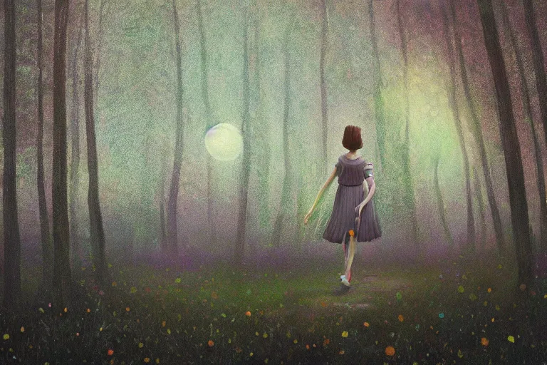 Prompt: giant daisy flower under head, girl walking in forest, surreal photography, dark night, stars, moon light, impressionist painting, clouds, digital painting, artstation, simon stalenhag