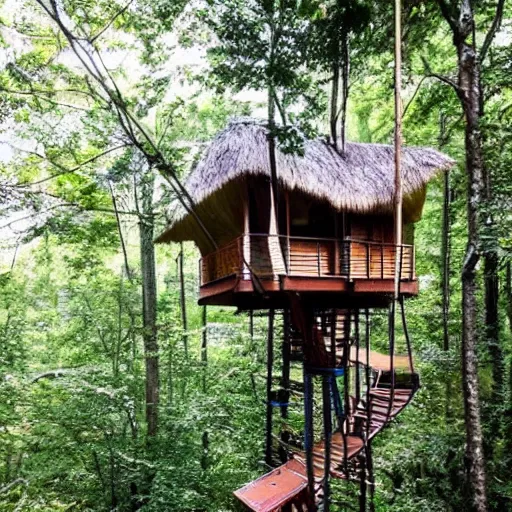 Prompt: a modern tree house village, ladders, hanging bridges, hanging gardens, in the forest, beautiful scenery