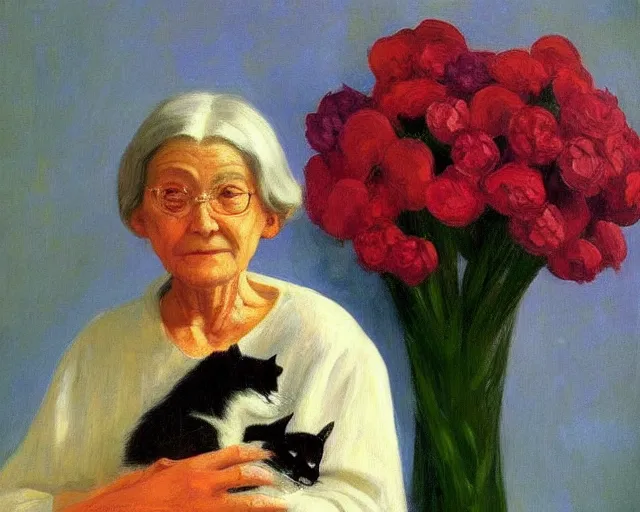 Image similar to detailed portrait of a peaceful old lady and her cat made out of flowers, Edward Hopper, sharp high quality