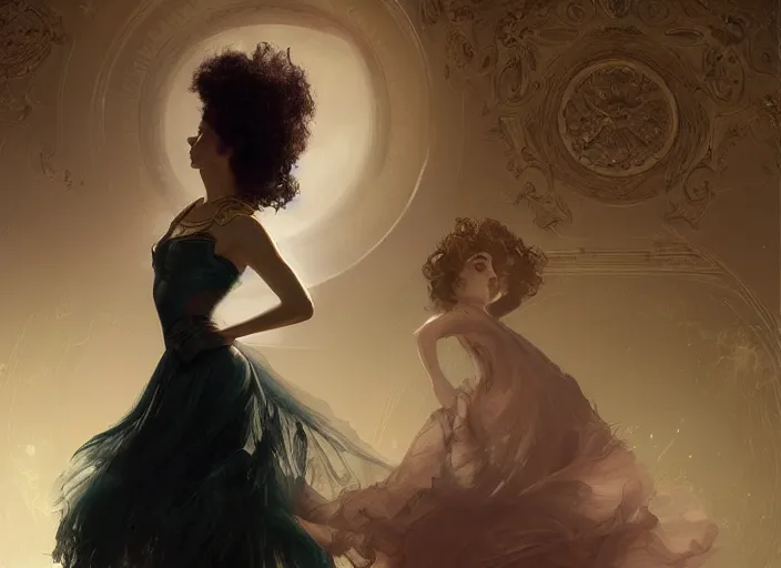 Prompt: ballroom, rgb, thin, model, short black curly hair, round face, princess dress, amazing composition & dynamic posing, by franz xavier leyendecker, wlop! muted colors, highly detailed, fantasy art by craig mullins, thomas kinkade cfg _ scale 9