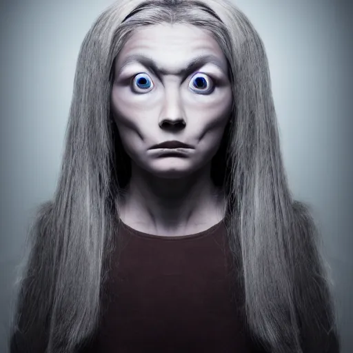 Prompt: studio portrait photography of a female grey humanoid hybrid extraterrestrial with large eyes