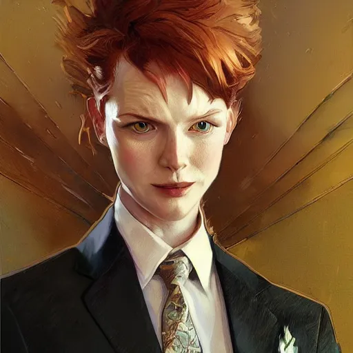 Image similar to ginger cat in a business suit, artists portrait, fantasy, highly detailed, digital painting, concept art, sharp focus, depth of field blur, illustration, art by artgerm and greg rutkowski and alphonse mucha