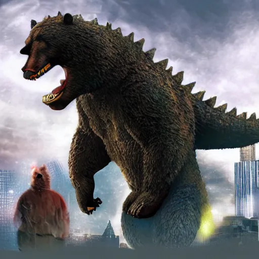 Image similar to a giant angry bear fighting with godzilla in the city, photomanipulation, photoshop, digital art