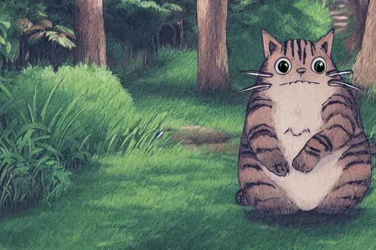 Prompt: tabby striped cat in my neighbor totoro, concept art by Makiko Futaki, studio ghibli movie still, masterpiece, artstation