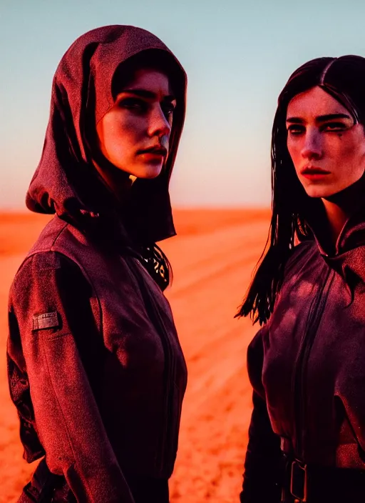 Prompt: cinestill 5 0 d photographic portrait of two sultry loving female androids wearing rugged black techwear on a desolate plain with a red sky, extreme closeup, cyberpunk style, garters, dust storm, 8 k, hd, high resolution, 3 5 mm, f / 3 2, ultra realistic faces, ex machina