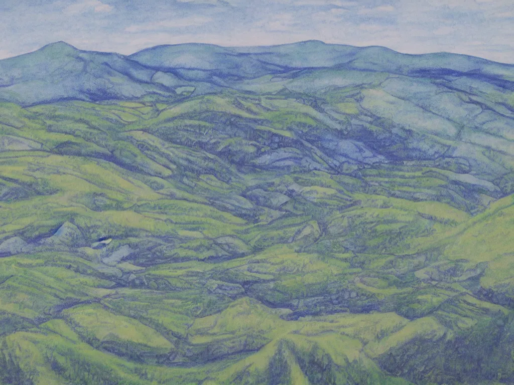 Prompt: the laurentians. lithography by susanne la.