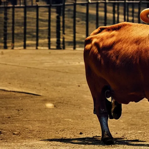 Image similar to cow running from a cage to a light of freedom