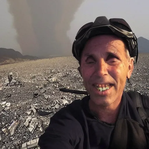 Image similar to last selfie before end of earth, nukes at background, very scarry and depressing