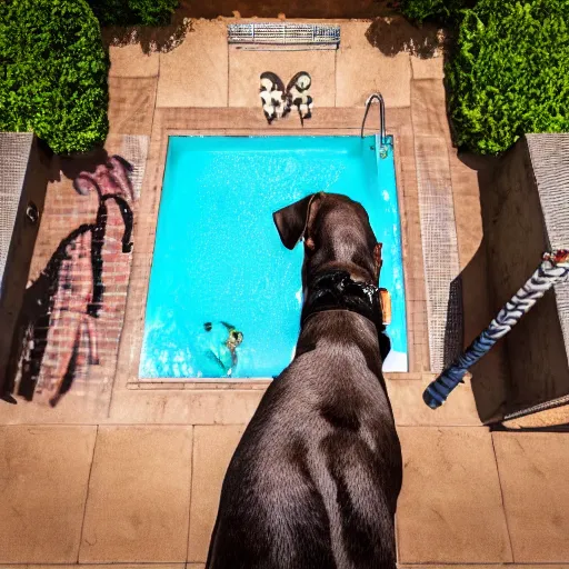 Image similar to a very detailed photo of a dog ( smoking a cigar ) outside the mansion by the pool