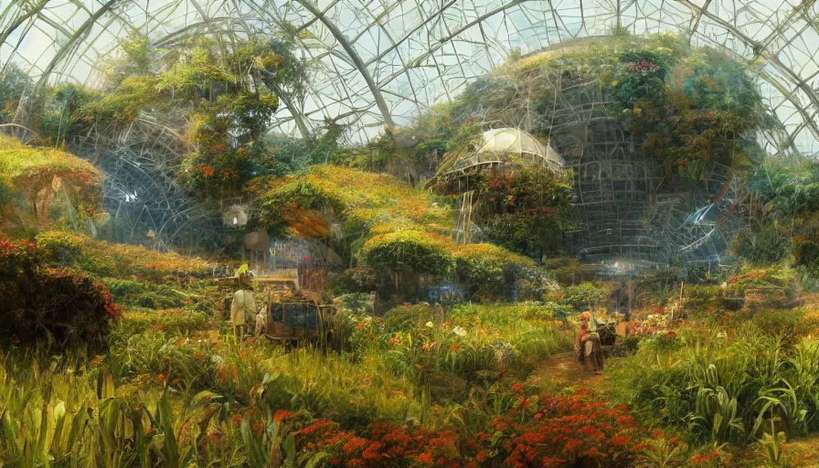 Image similar to craig mullins and ghibli digital illustration of the interior of the largest biodome in the world, fields of crops, farms, colorful, unreal engine, hyper realism, realistic shading, cinematic composition, realistic render, octane render, detailed textures, photorealistic, wide shot,