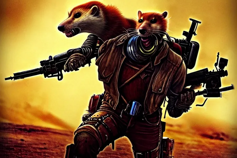 Image similar to a good ol'weasel fursona ( from the furry fandom ), heavily armed and armored facing down armageddon in a dark and gritty version from the makers of mad max : fury road. witness me.