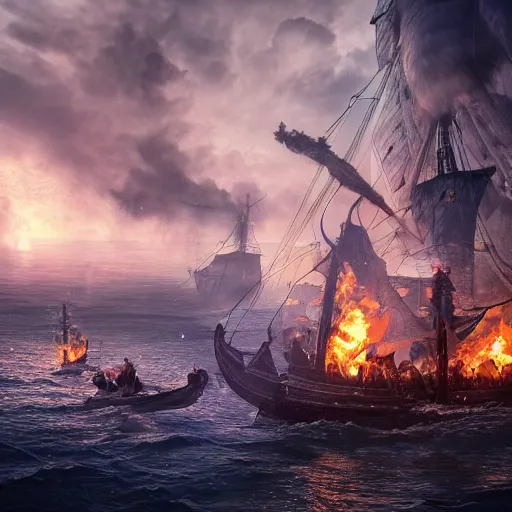 Image similar to An Epic viking sea battle at night, fire and smoke, realistic 4k octane beautifully detailed render, 4k post-processing, highly detailed, intricate complexity, epic composition, magical atmosphere, cinematic lighting, masterpiece, ultra hd