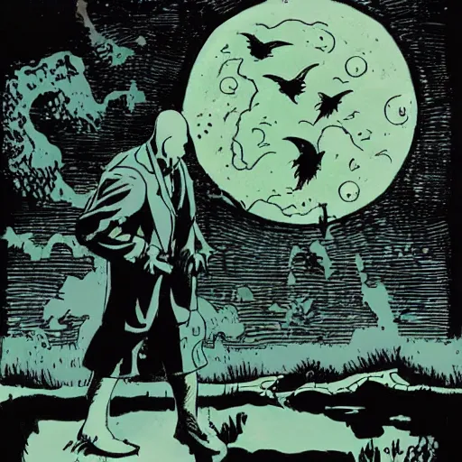 Image similar to ghosts in the bayou, heavy ink, moon in sky, green, mike mignola