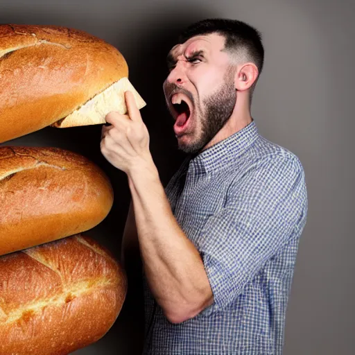 Prompt: man angrily shouting at a loaf of bread, 4 k