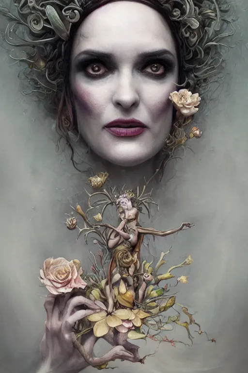 Image similar to closeup portrait shot of winona ryder as delirium of the endless, the sandman, the fairy queen, floral growth, thick fancy makeup, highly detailed, digital painting, artstation, concept art, soft focus, depth of field, artgerm, tomasz alen kopera, peter mohrbacher, donato giancola, wlop, boris vallejo