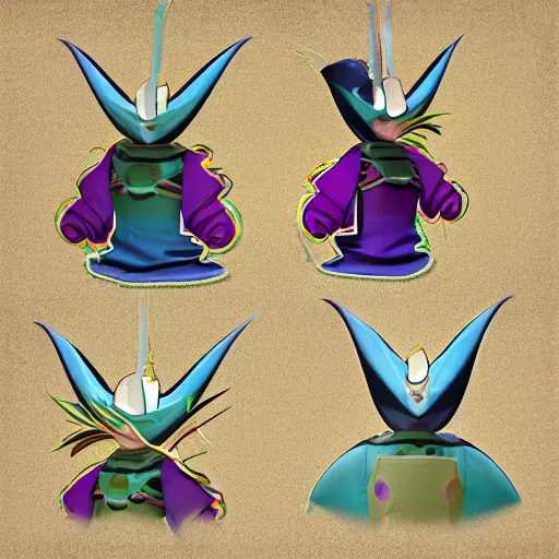 Image similar to character design sheets for a colorful gothic mantaray who sells spray paint cans and is always covered in paint and clay, designed by splatoon nintendo, inspired by tim shafer psychonauts 2 by double fine, cgi, professional design, gaming