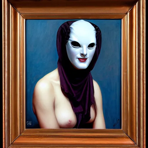 Prompt: portrait of a woman with a white plastic theater mask, by gerald brom