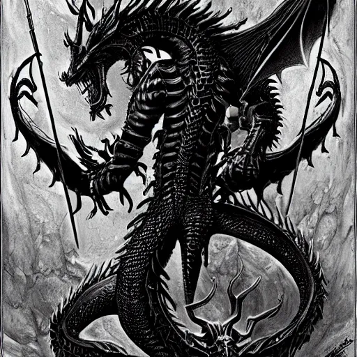 Image similar to black dragon, d & d, fantasy, hr giger,