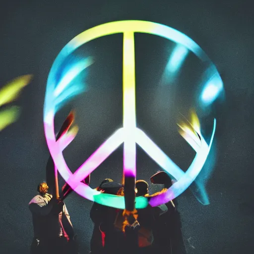 Prompt: a mob carrying torches in the shape of a peace sign, photography, highly detailed, high quality, 8 k, soft lighting,