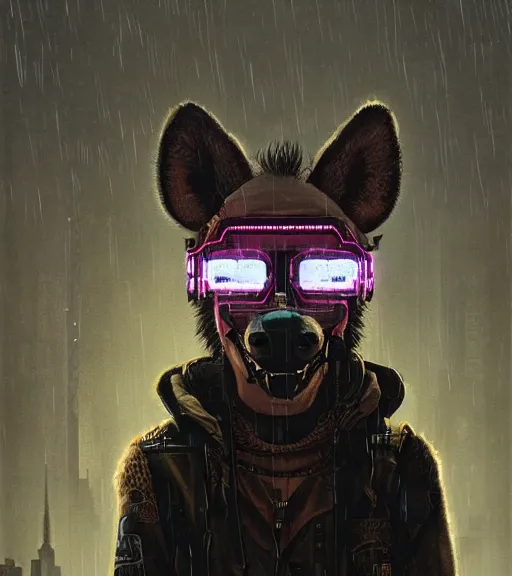 Image similar to new york city portrait of furry anthro anthropomorphic spotted hyena head animal person fursona wearing clothes strange cybernetic muzzle gloomy rainy screenshot from the video game cyberpunk 2077 digital art by Greg Rutkowski, Simon Stalenhag, christopher nolan trending on Artstation, CGSociety