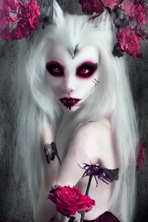 Prompt: vampire white fox, flowerpunk, by Natalie Shau