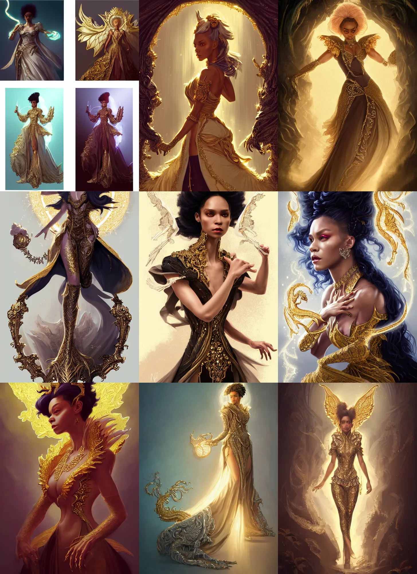 Prompt: fashion concept spot illustrations of raya and the last dragon in a rococo style, by nixeu, by artgerm, by greg rutkowski, iridescent and gold and crystal, fullbody, intricate jewelry, god rays, hyper detailed, character concept, glowing particulate, intricate, elegant, digital painting, artstation, smooth, sharp focus.