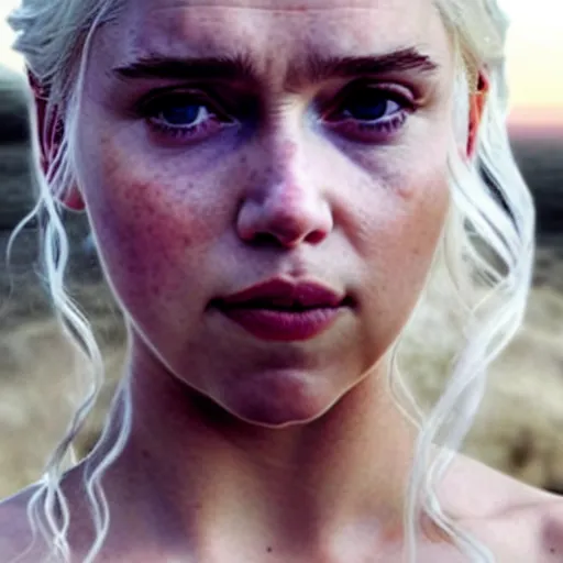 Prompt: a selfie of daenerys targaryen played by a young scarlett johansson, smooth skin, purple eye color, ethereal beauty, medium shot, detailed eyes, vivid, golden hour