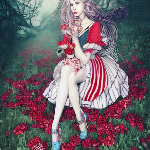 Image similar to Alice in Wonderland at the tea party, she looks like a mix of grimes, Aurora Aksnes and zoë Kravitz, sweet and innocent, surrounded by red and white roses, digital illustration, inspired by Aeon Flux, Japanese shoujo manga, and Alexander McQueen fashion, hyper detailed, dreamlike, incredibly ethereal, super photorealistic, iridescent colors, Tyndall effect, extremely fine inking lines